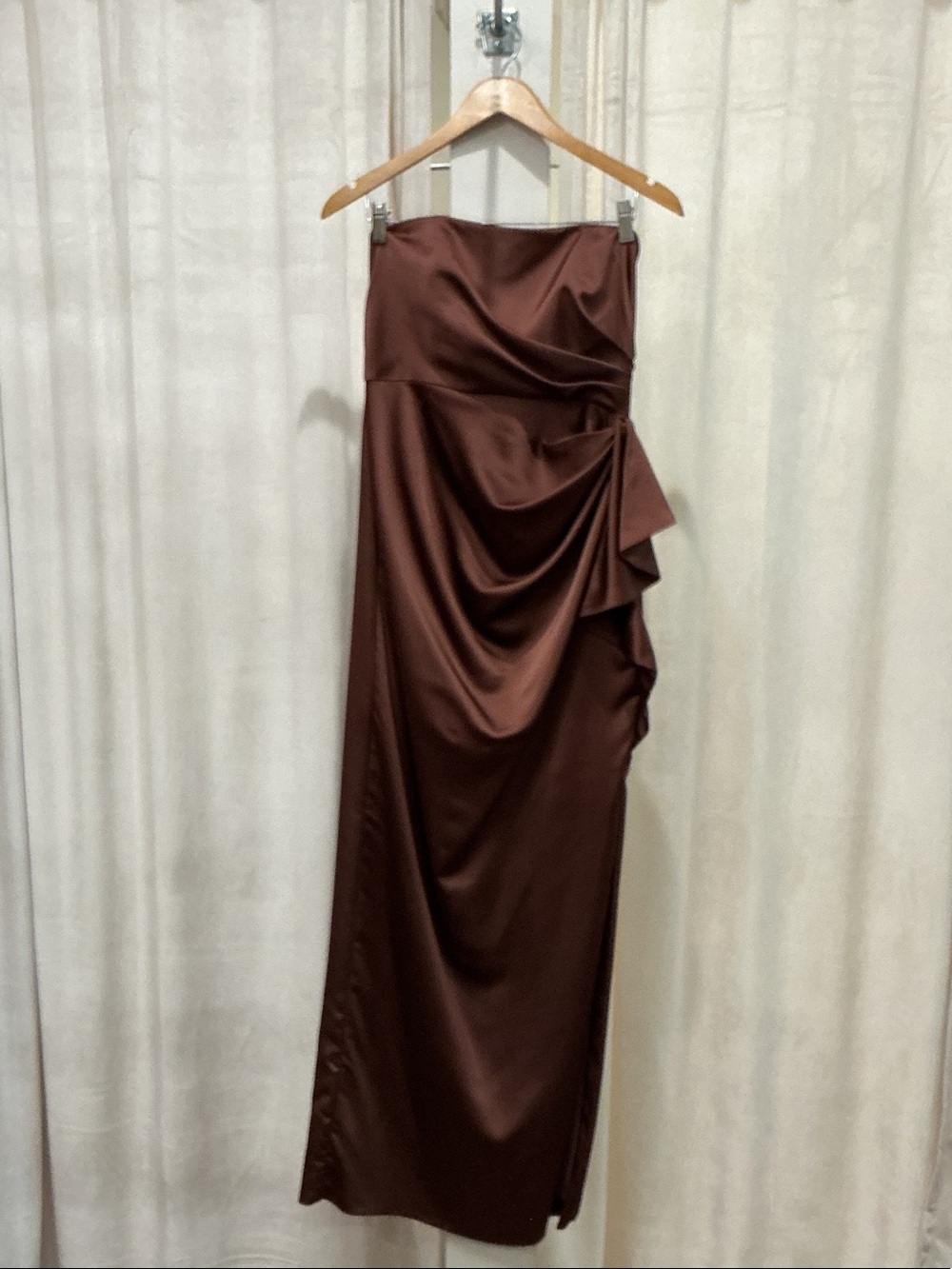 Dessy Collection Strapless Satin Gown in Chocolate Brown